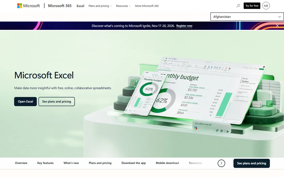 Microsoft Excel homepage