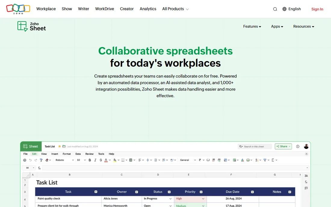 Zoho Sheet homepage