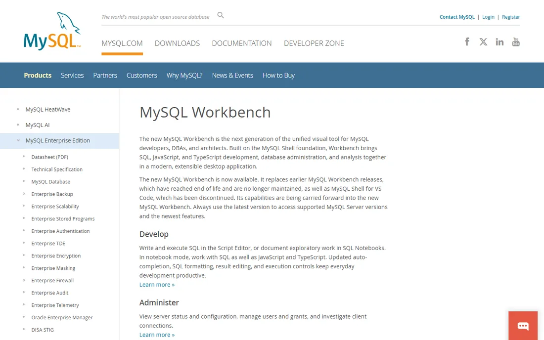 MySQL Workbench homepage