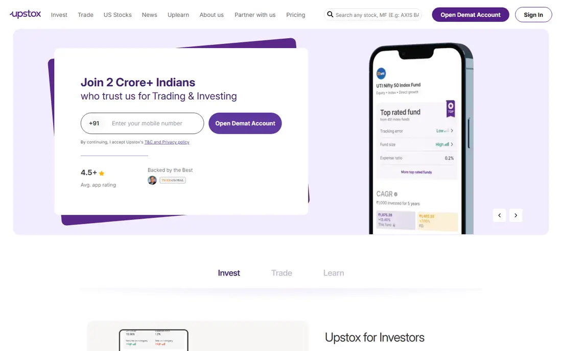 Upstox homepage
