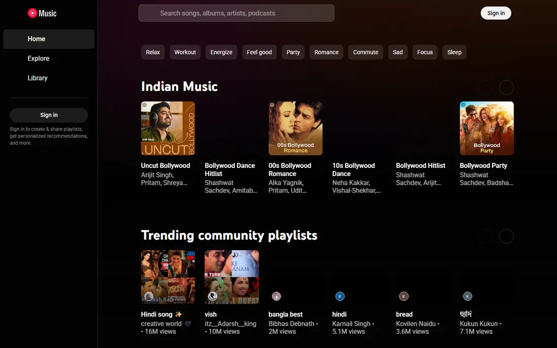 YouTube Music homepage