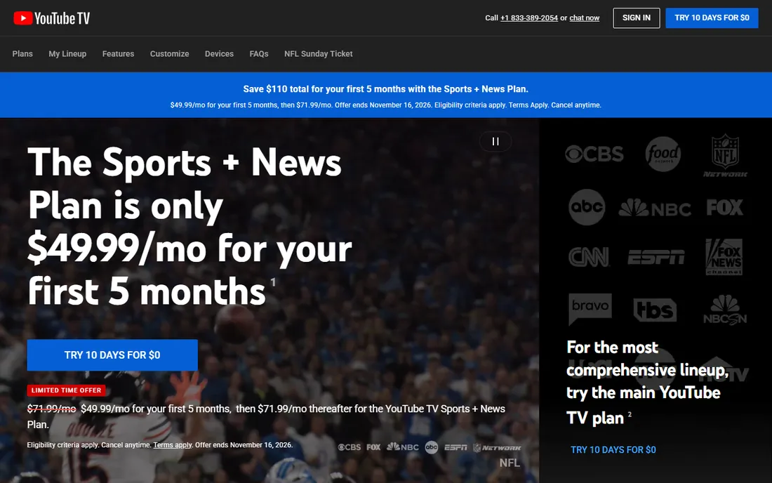 YouTube TV homepage