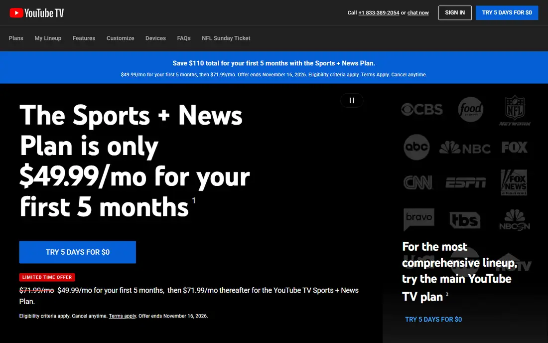 YouTube TV homepage
