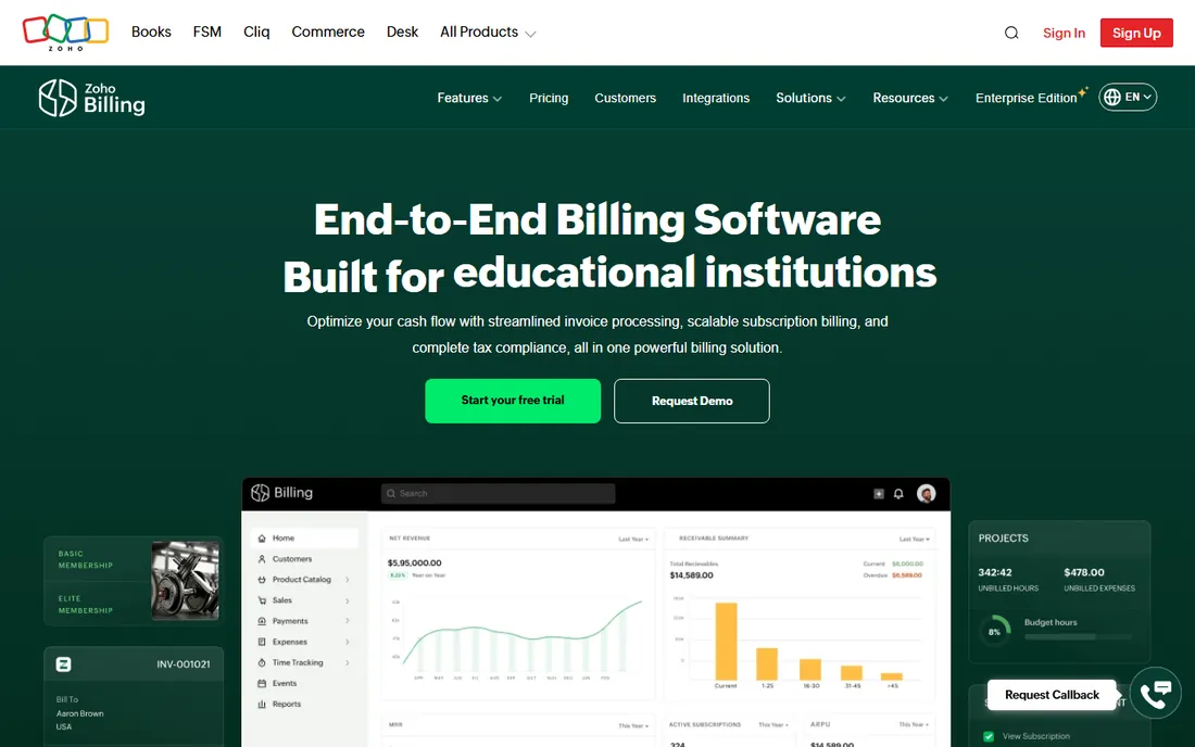 Zoho Billing homepage