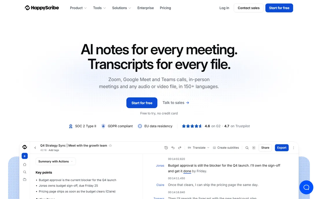 Happy Scribe homepage