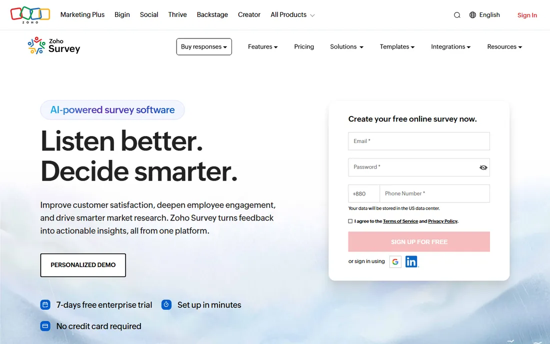 Zoho Survey homepage