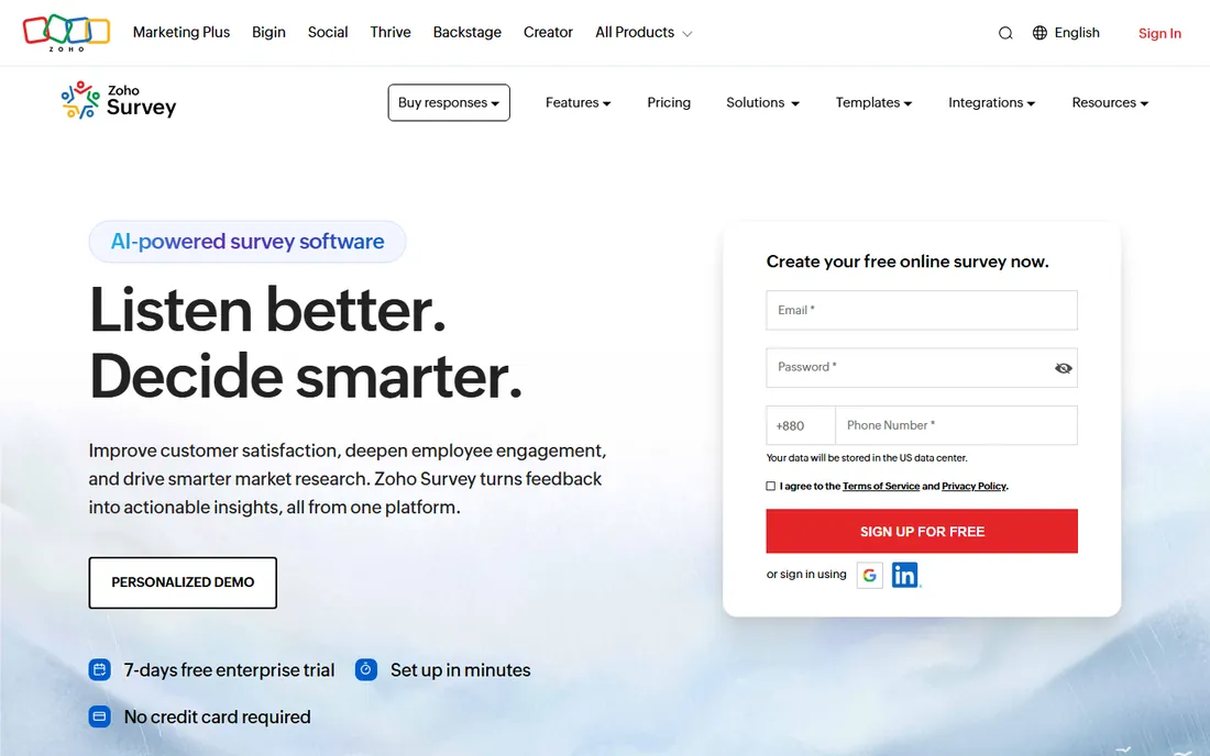 Zoho Survey homepage