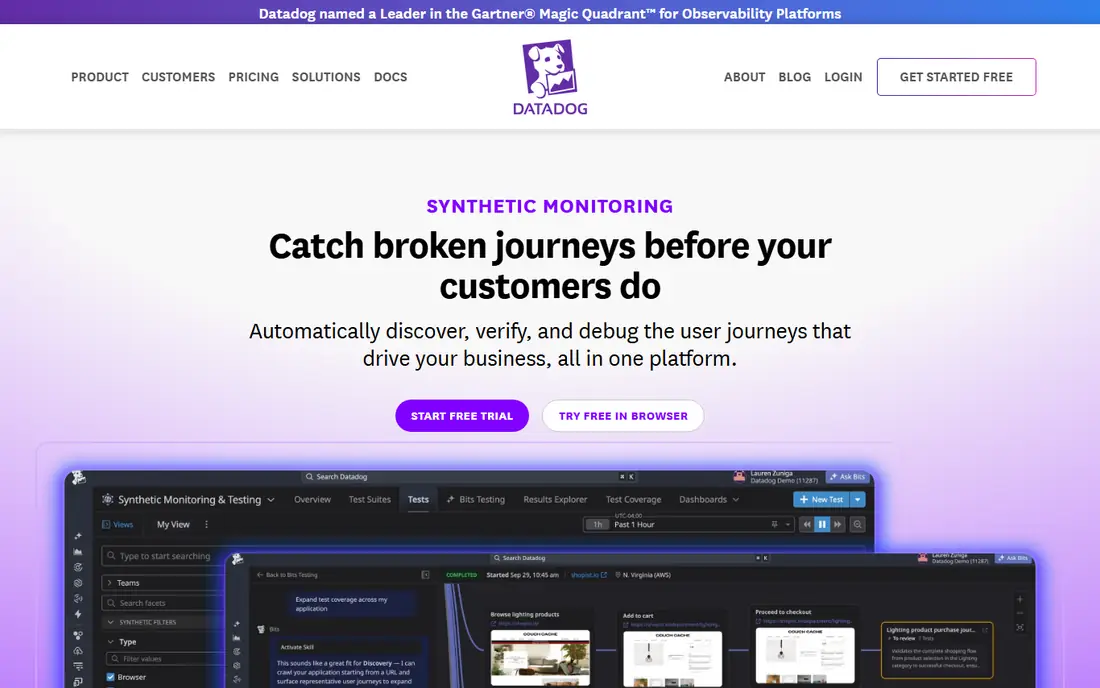 Datadog Synthetic Monitoring homepage