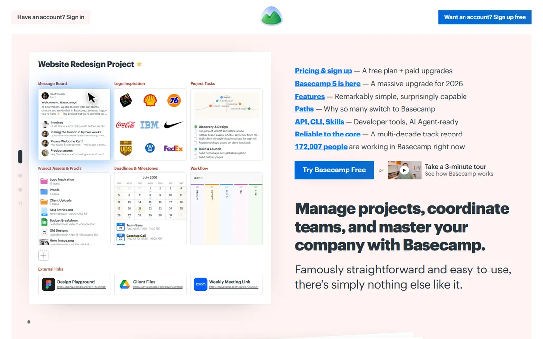 Basecamp homepage