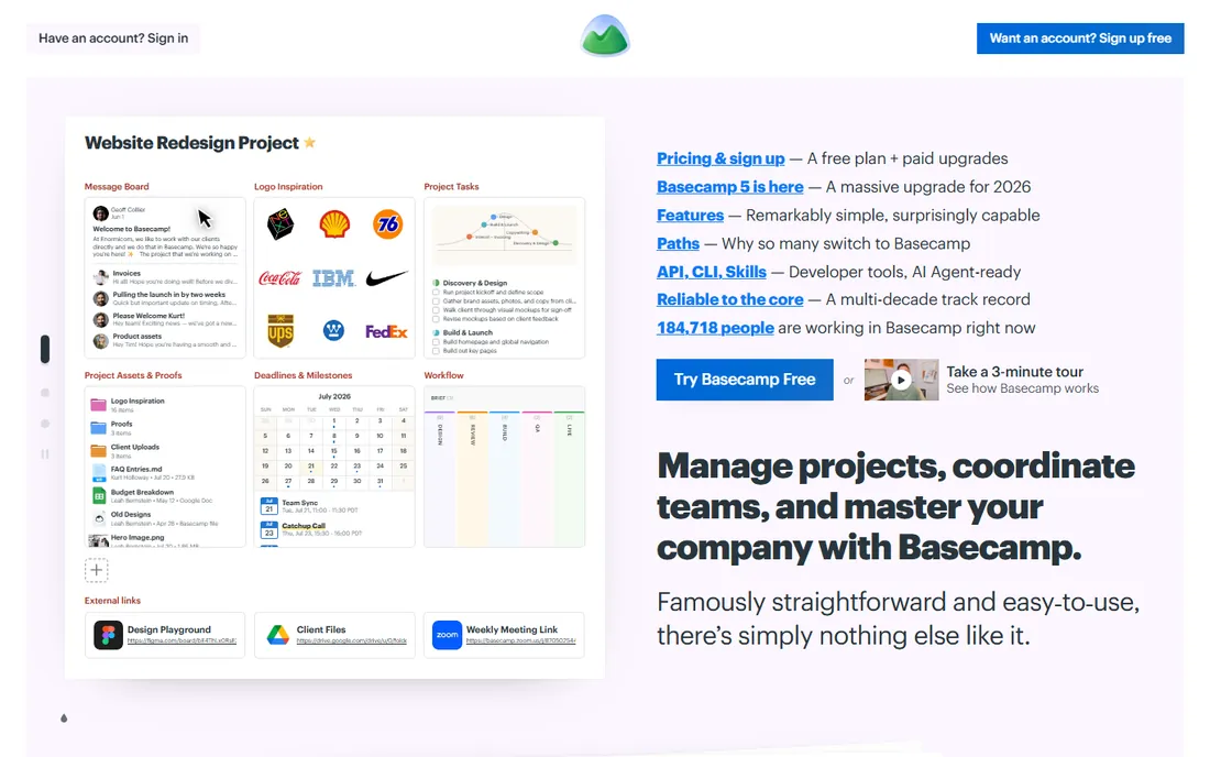 Basecamp homepage