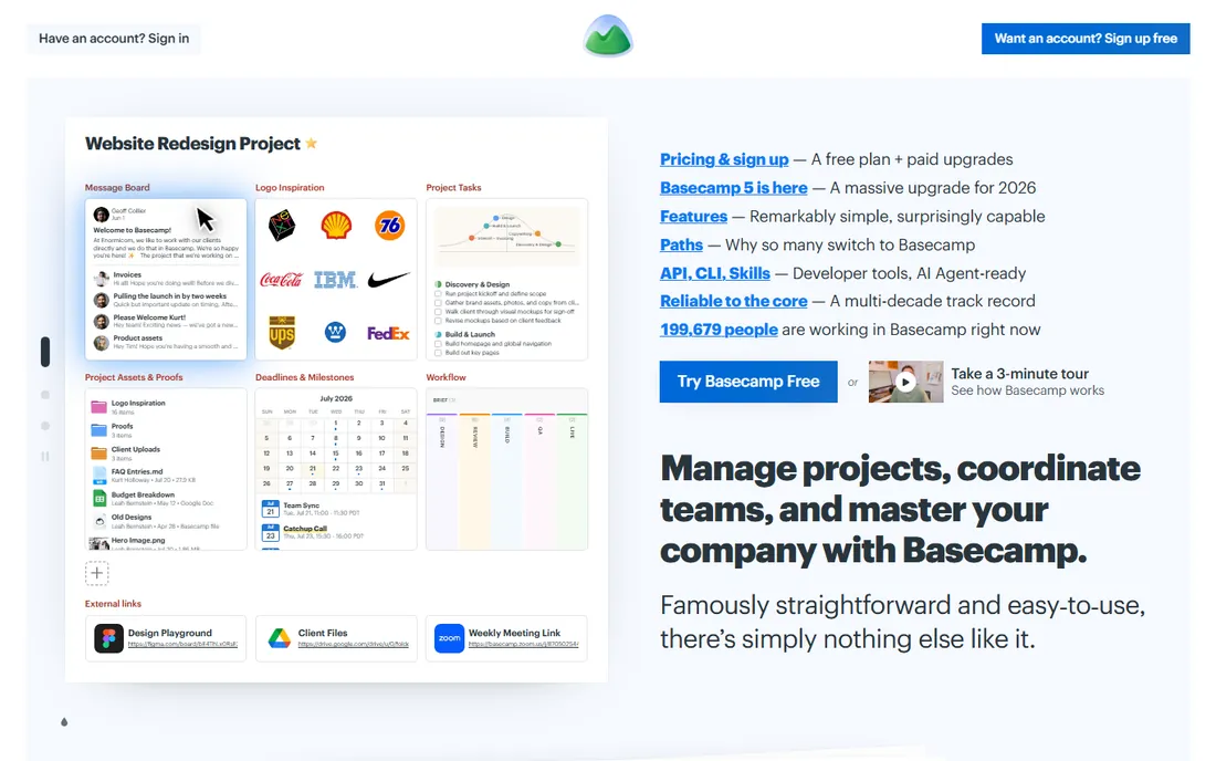 Basecamp homepage