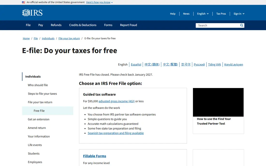 IRS Free File homepage