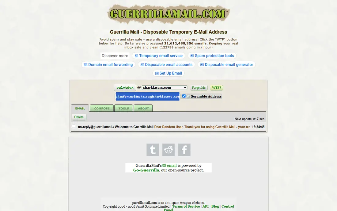 Guerrilla Mail homepage
