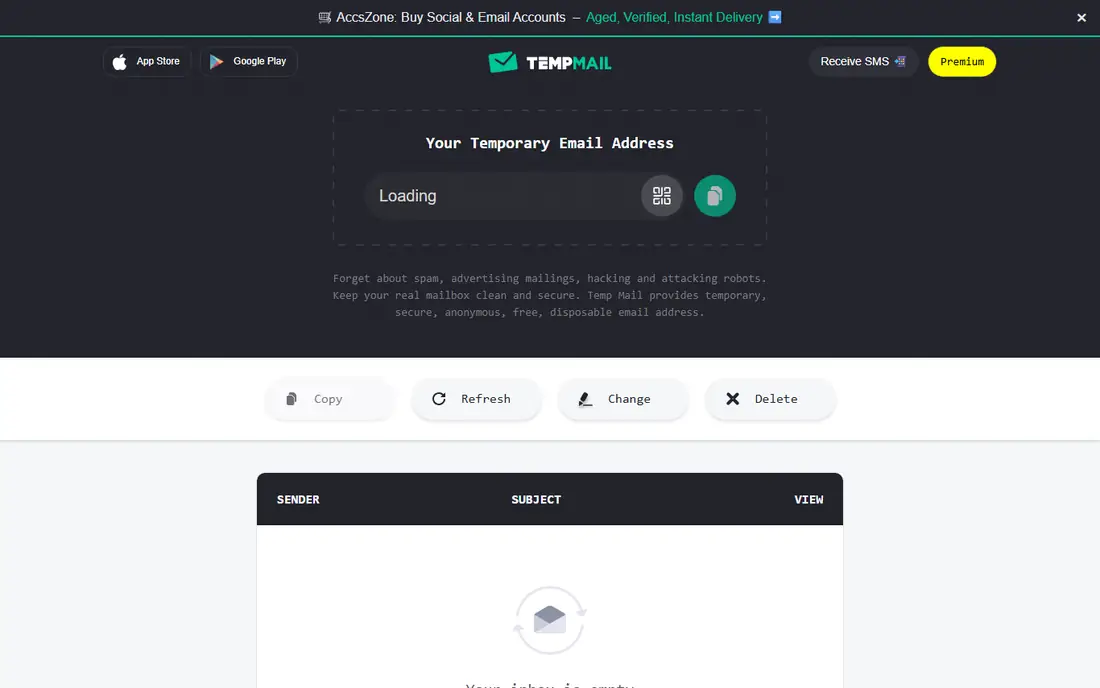 Temp Mail homepage