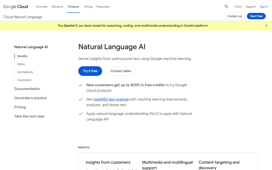 Google Cloud Natural Language homepage