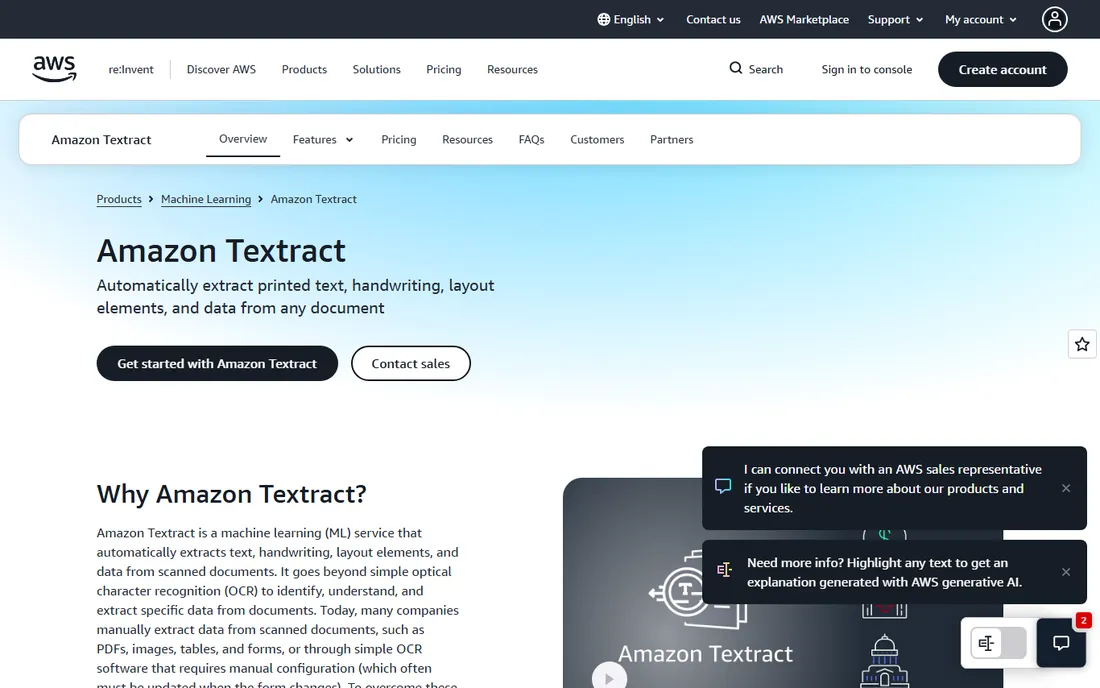 Amazon Textract homepage