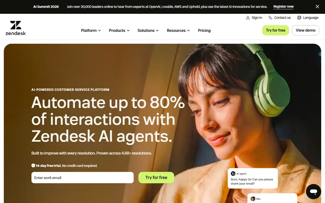 Zendesk homepage