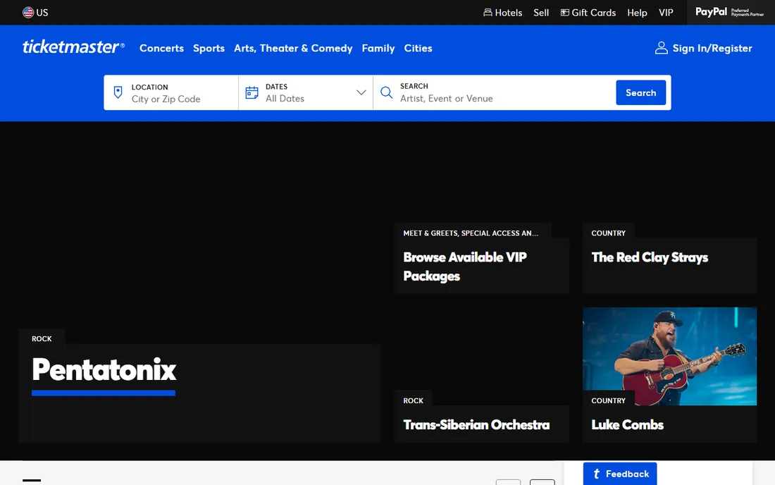 Ticketmaster homepage