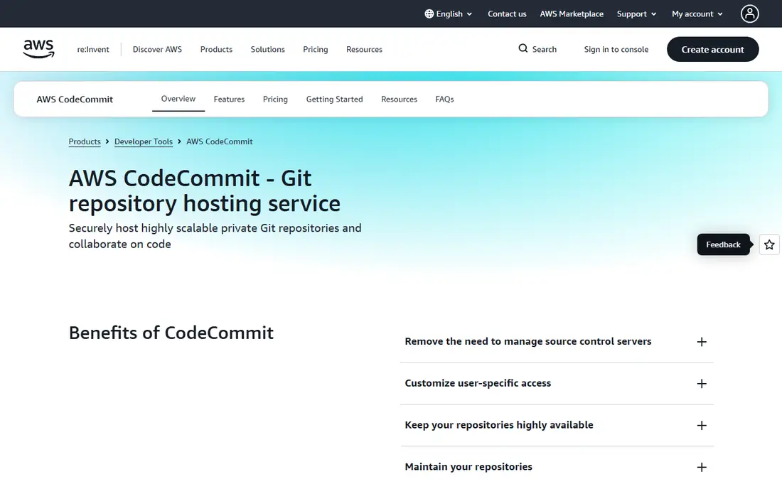 AWS CodeCommit homepage