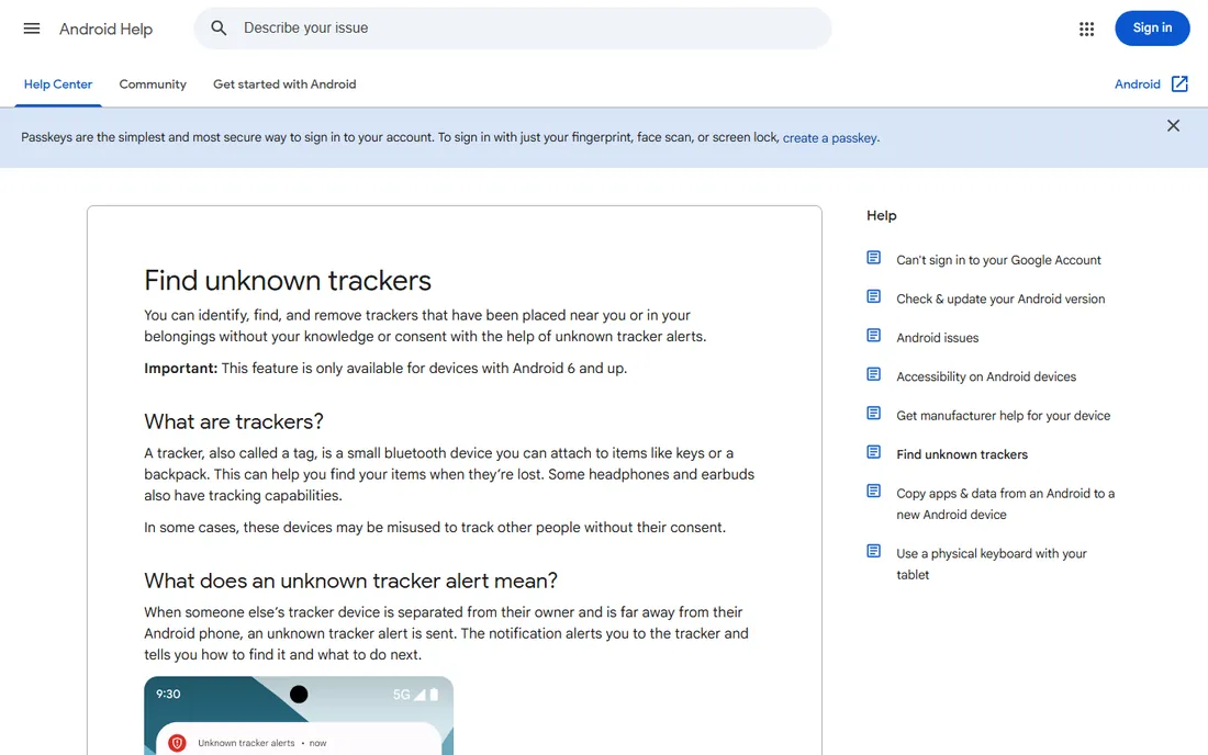 Google Unknown tracker alerts homepage