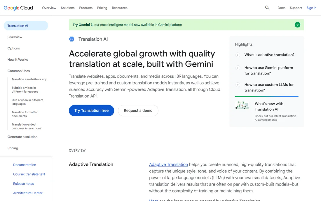 Google Cloud Translation homepage