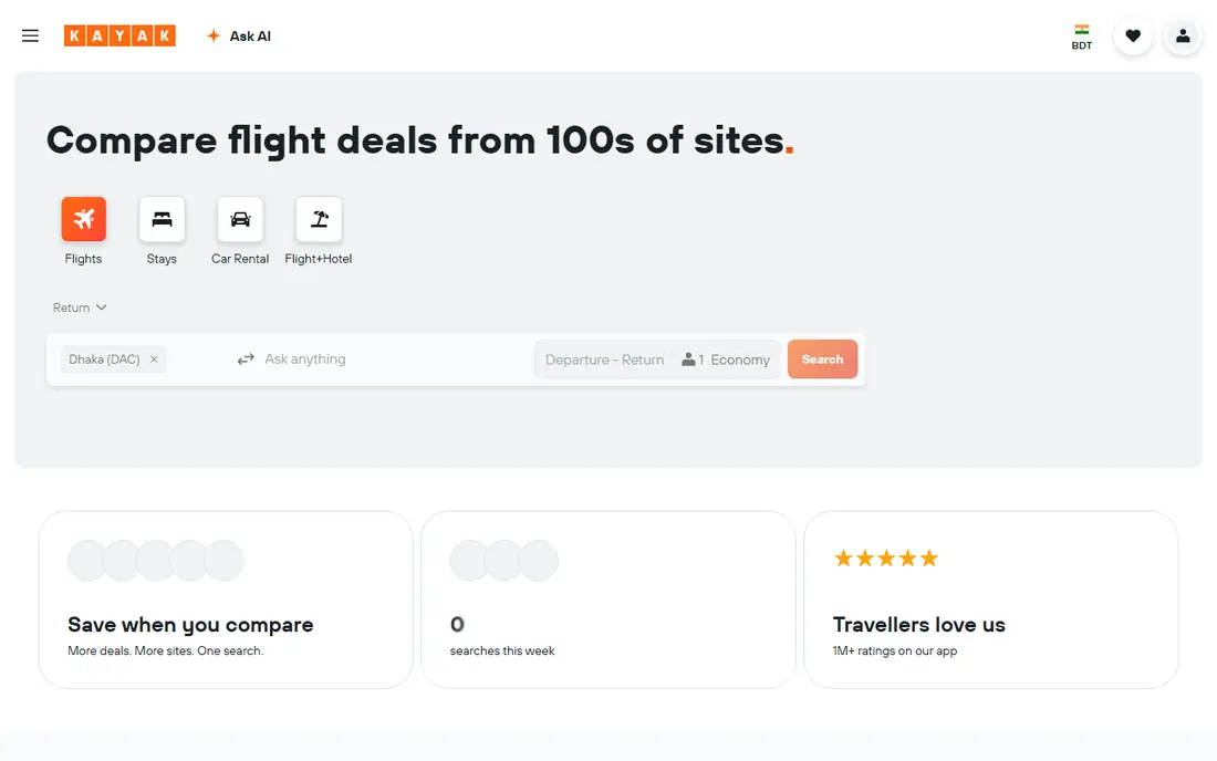 Kayak homepage