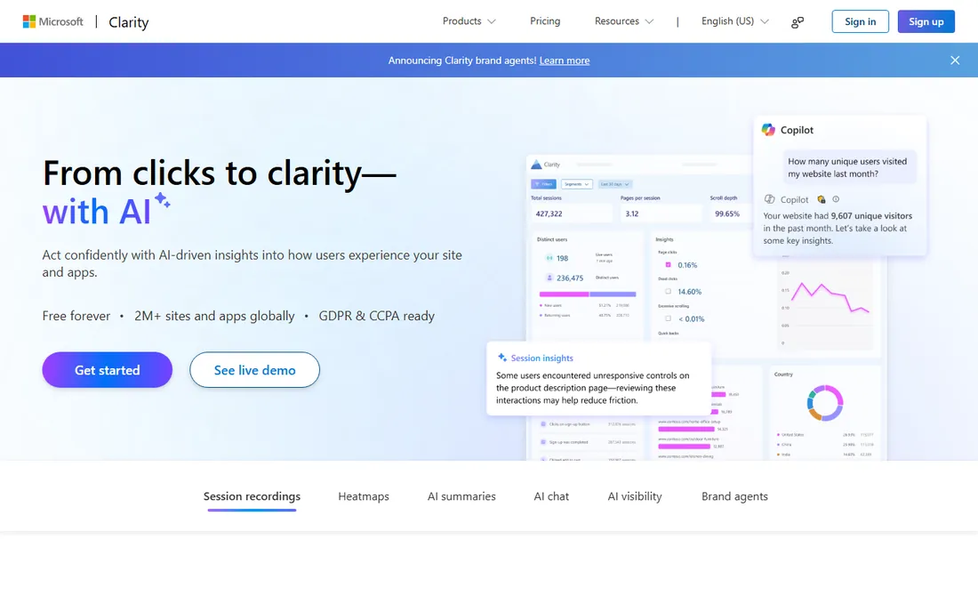 Microsoft Clarity homepage