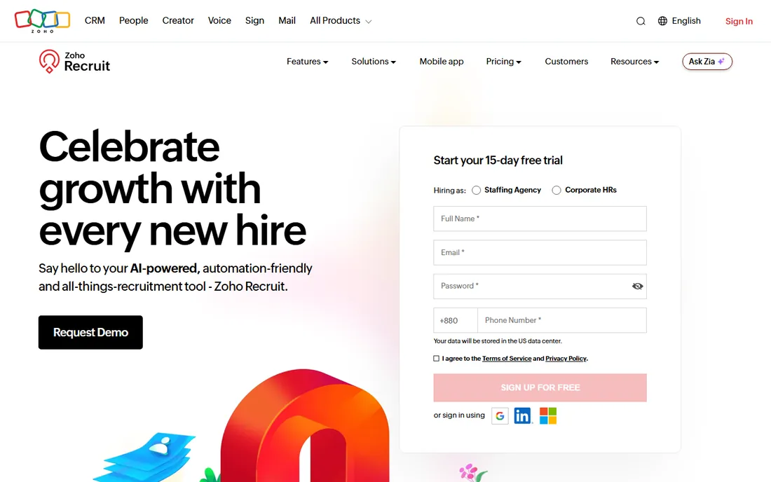 Zoho Recruit homepage