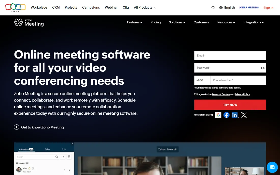 Zoho Meeting homepage