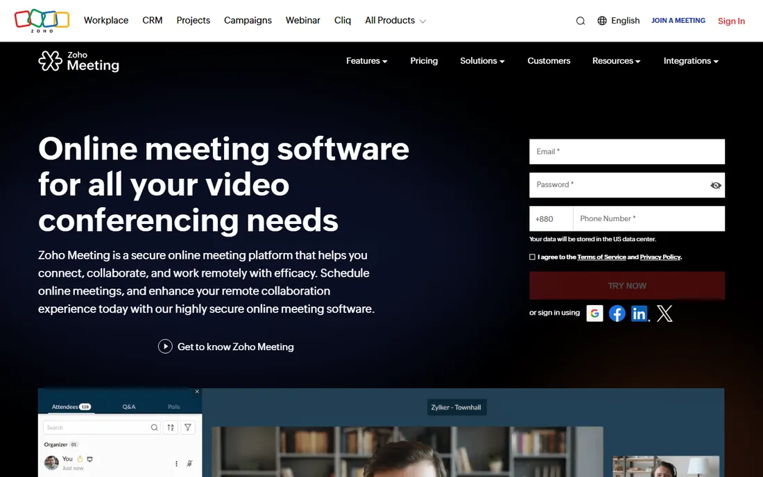 Zoho Meeting homepage