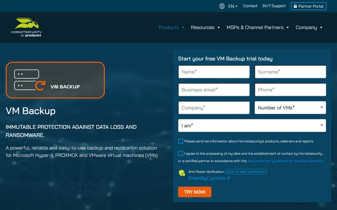 Hornetsecurity VM Backup homepage