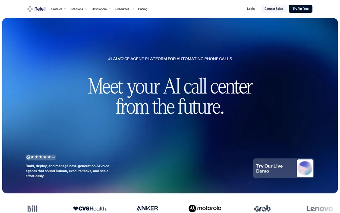 Retell AI homepage