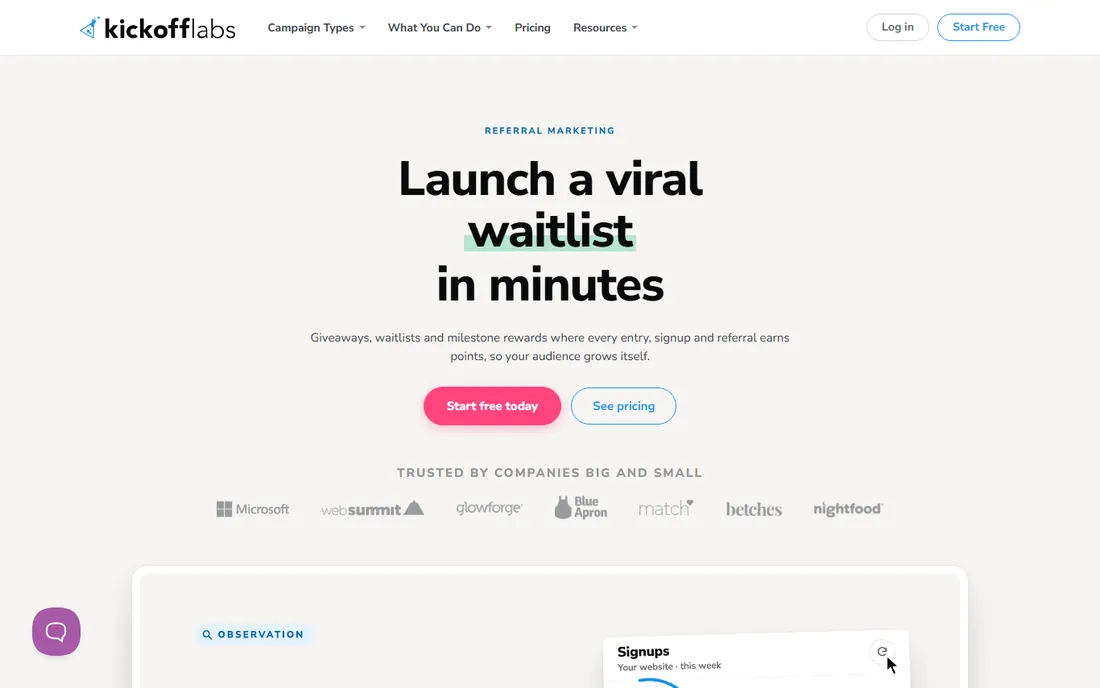 KickoffLabs homepage