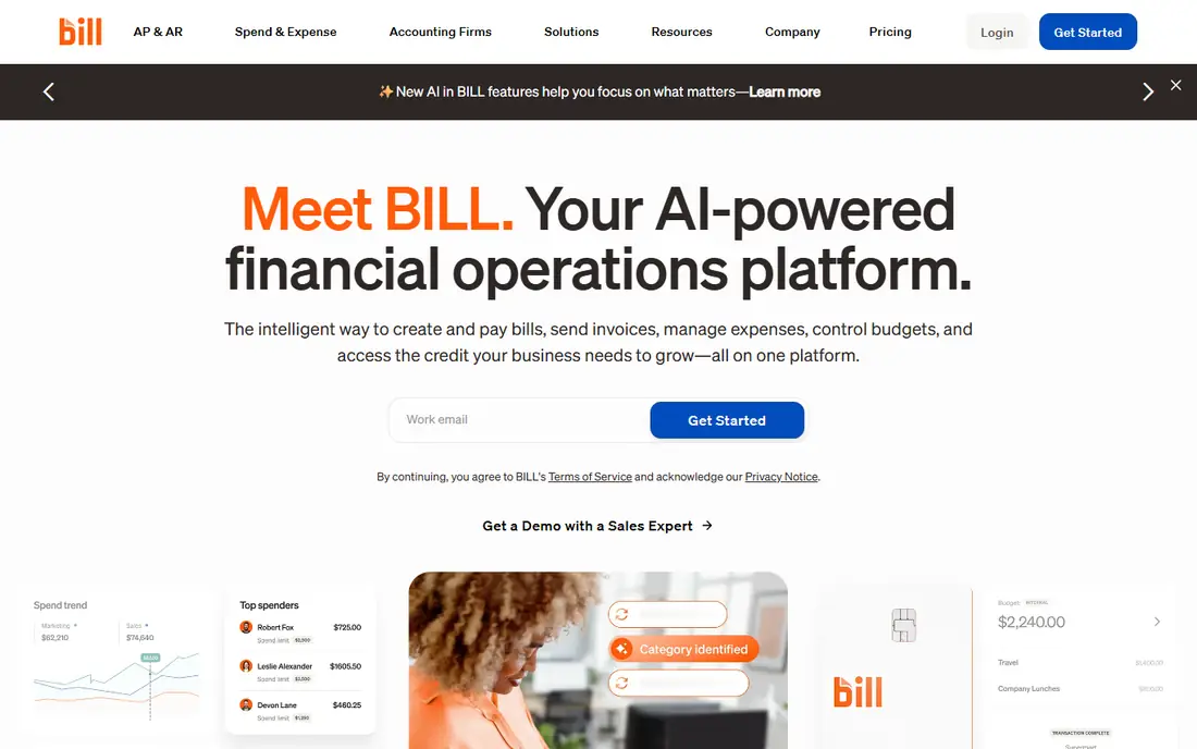 BILL Spend and Expense homepage