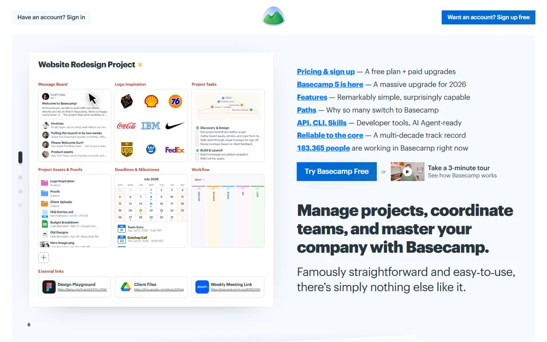Basecamp homepage