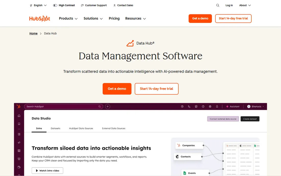 HubSpot Data Hub homepage