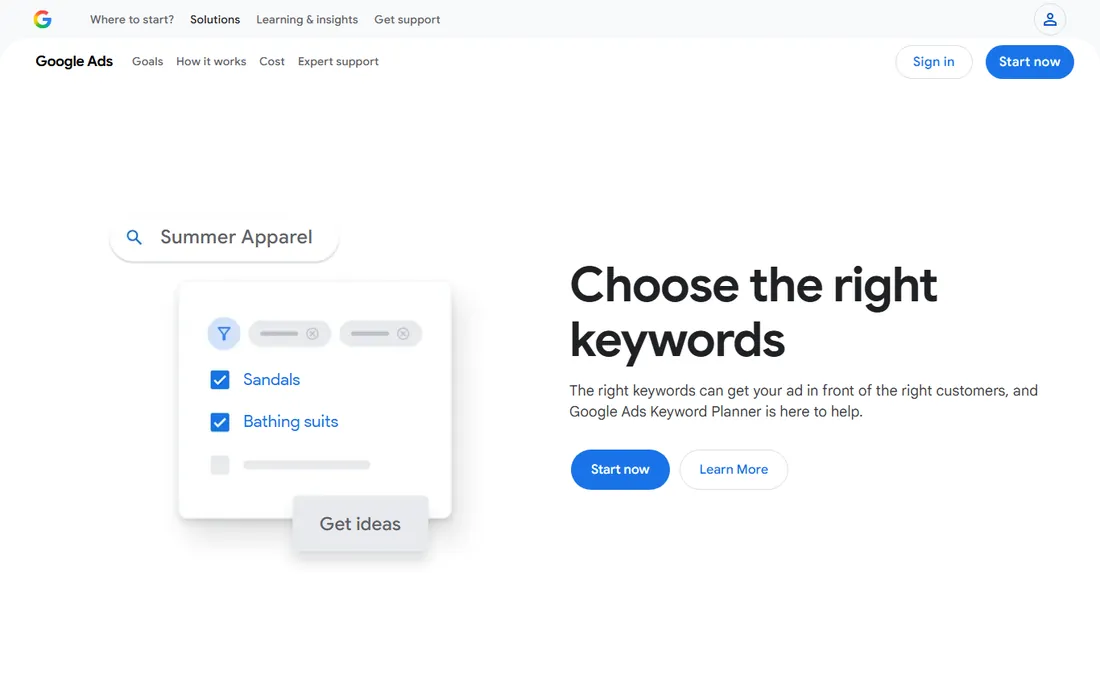 Google Keyword Planner homepage