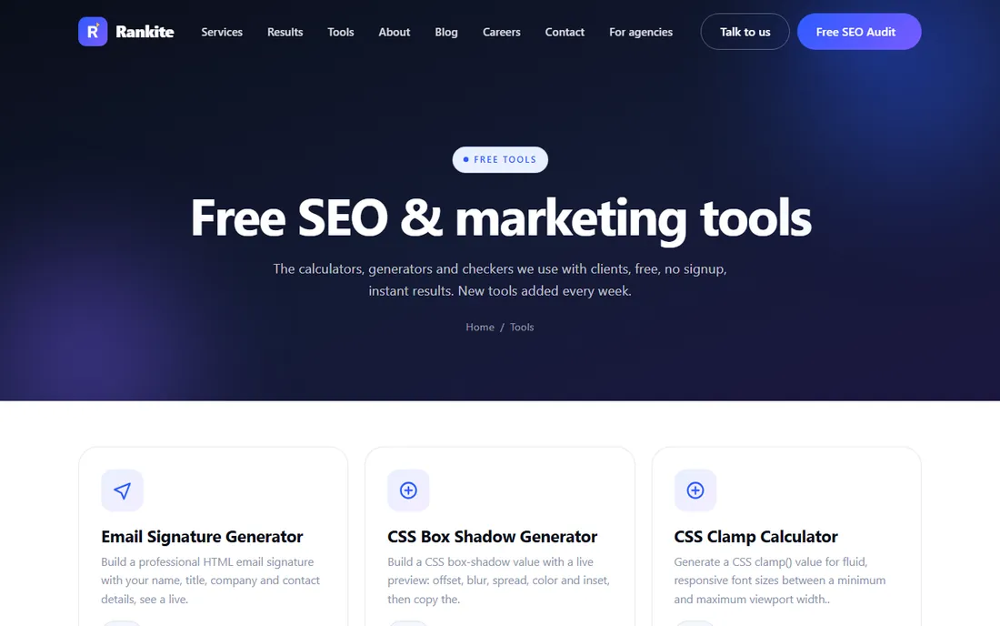 Rankite free YouTube SEO tools homepage