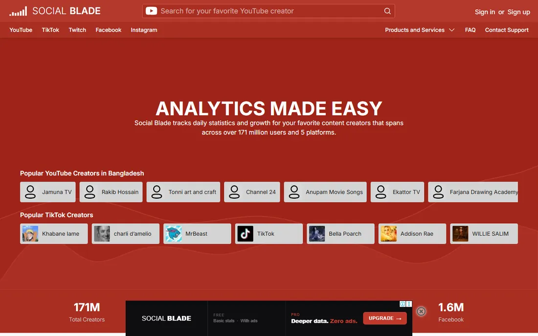 Social Blade homepage