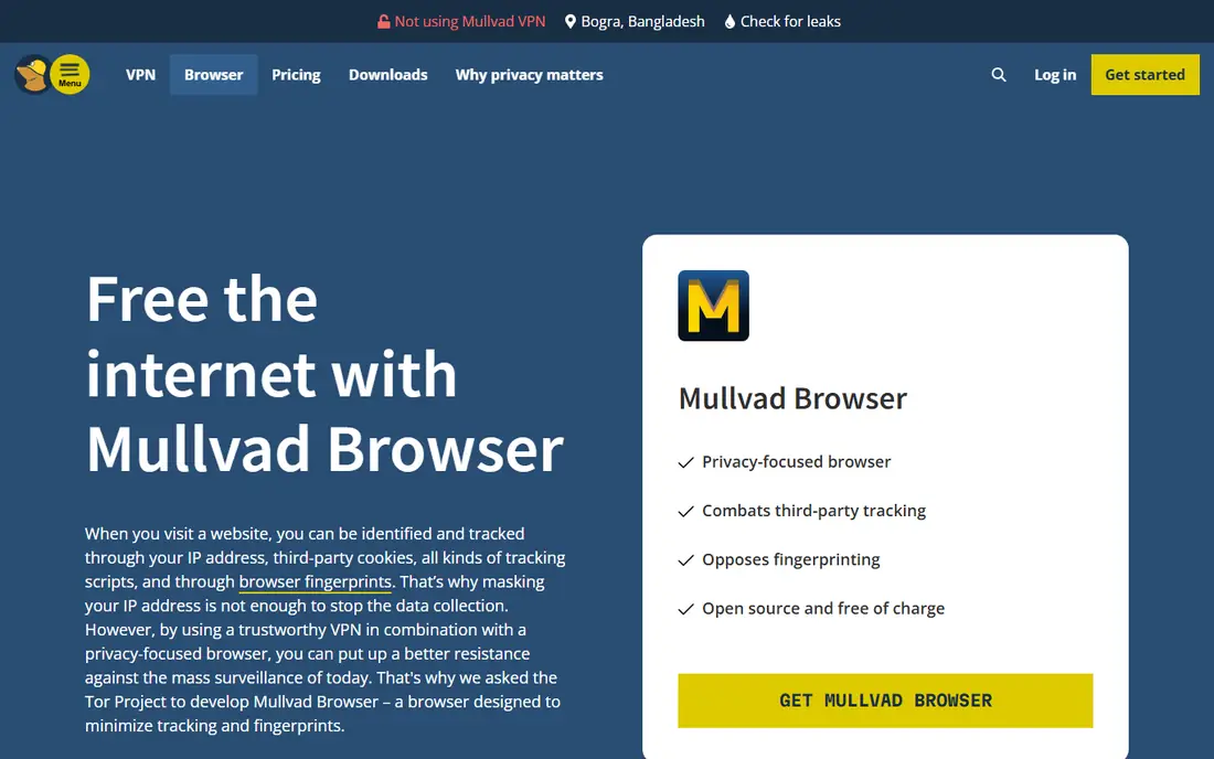 Mullvad Browser homepage