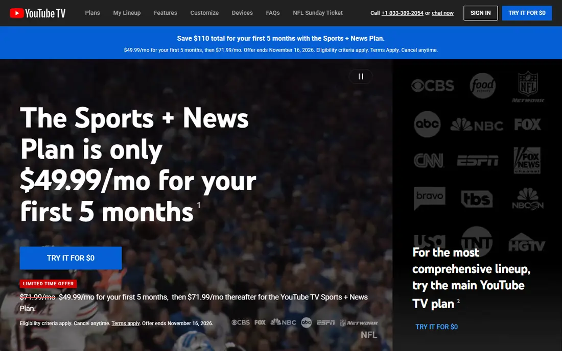 YouTube TV homepage