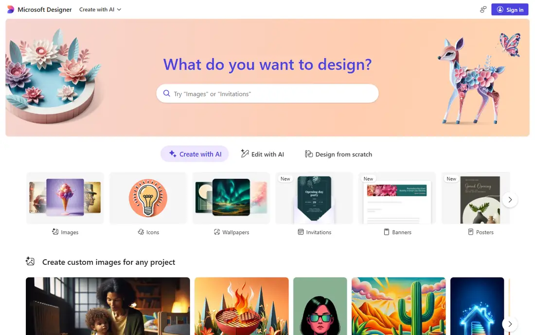 Microsoft Designer homepage