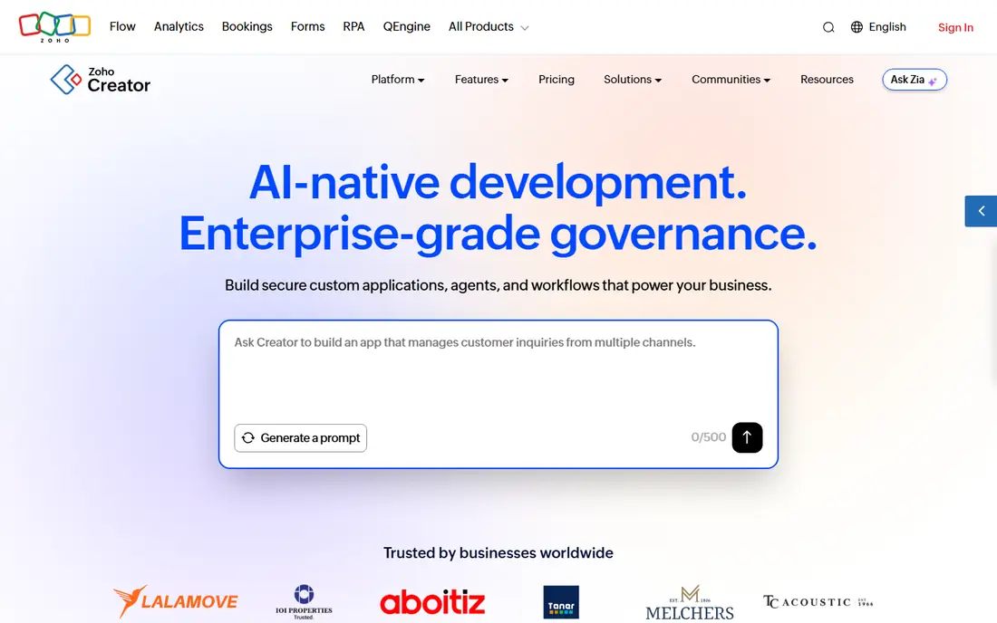 Zoho Creator homepage