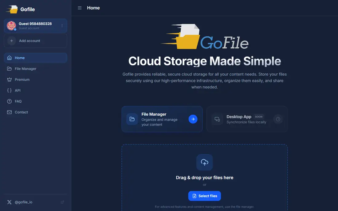 Gofile homepage