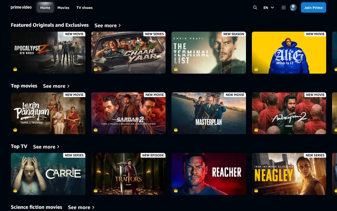 Prime Video Downloads homepage