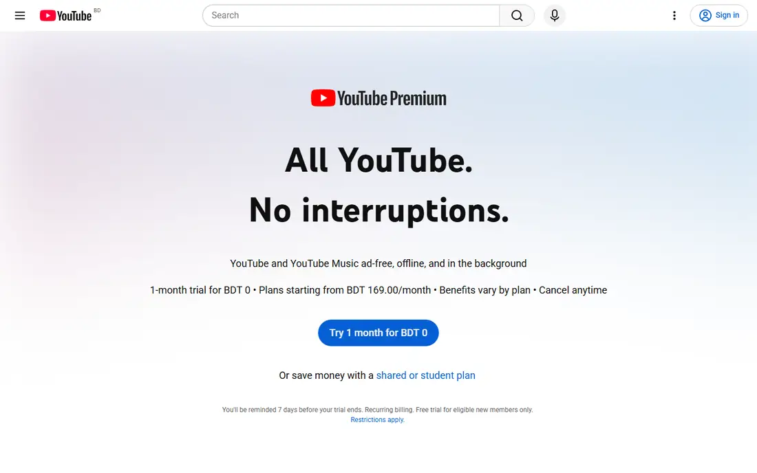YouTube Premium homepage