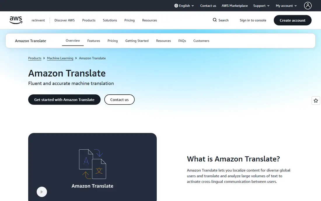 Amazon Translate homepage