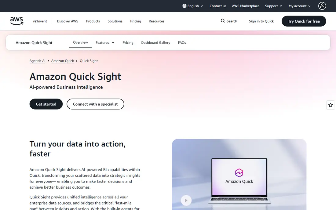 Amazon QuickSight homepage