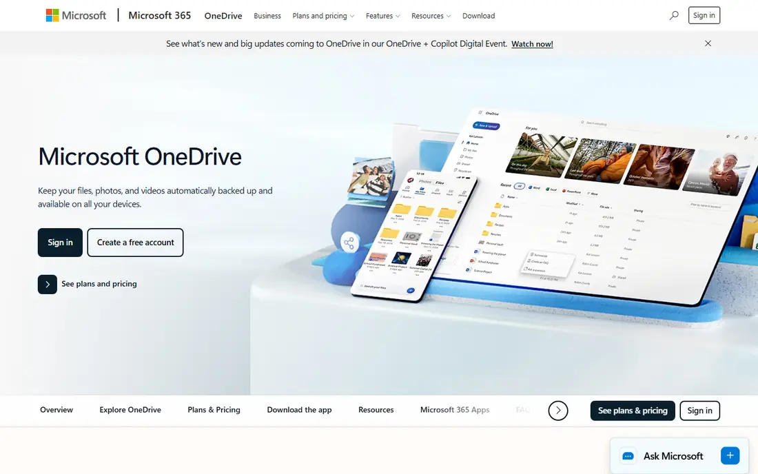 Microsoft OneDrive homepage