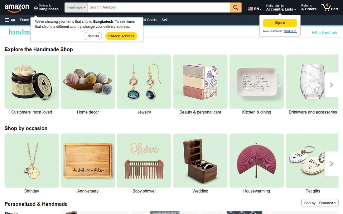 Amazon Handmade homepage